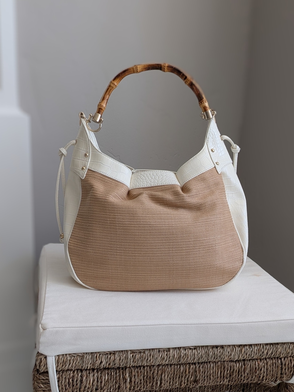 Ann Taylor LOFT Beige and White Woven Satchel with Bamboo Handle